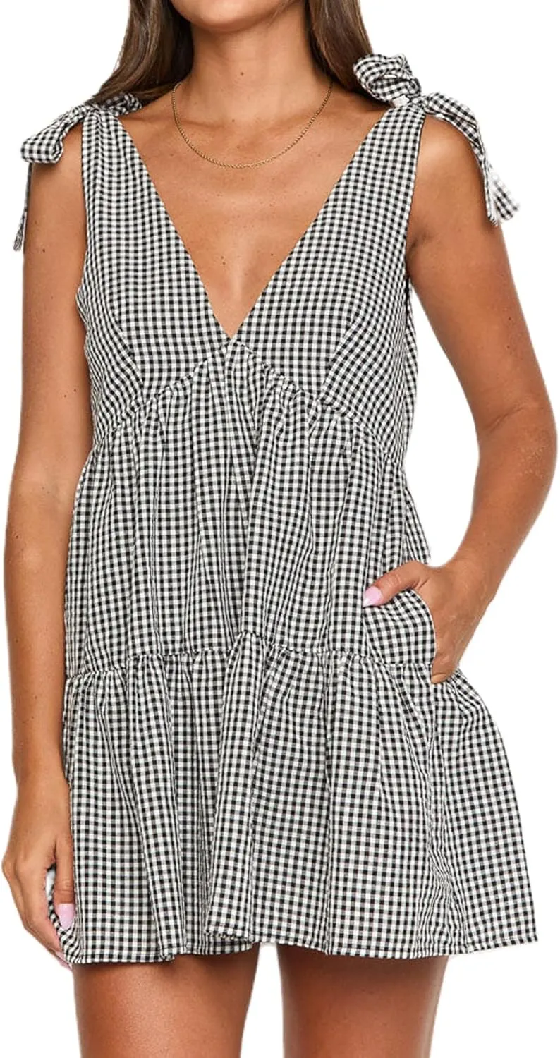 Women Gingham Plaid Smocked Mini Dress Summer V Neck Tie Shoulder Babydoll Short Dress Y2k Ruffle Flowy Sundress