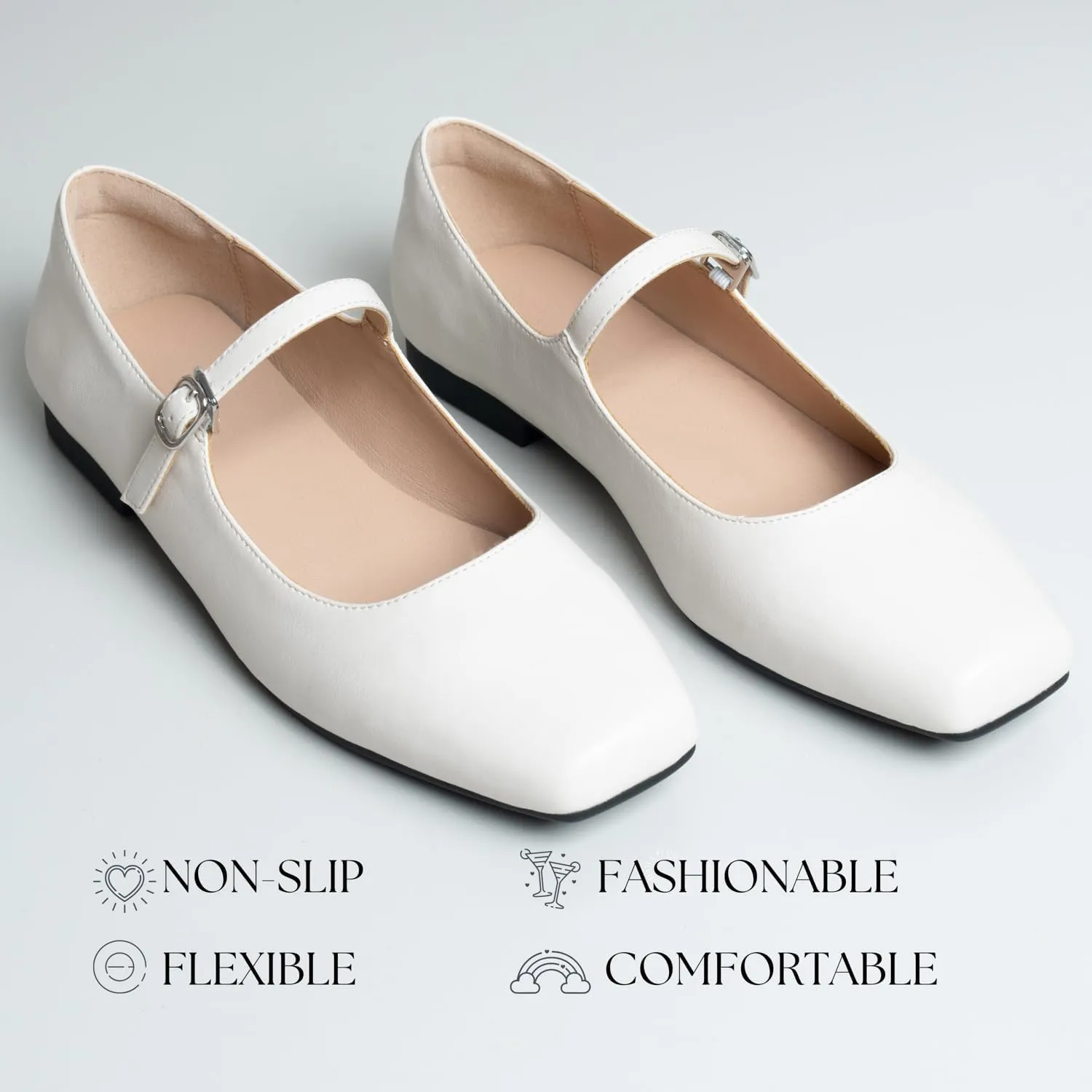 Women Mary Jane Shoes,Square Toe Flats Ballet Flats for Women, Comfortable Ankle Strap,Easy to take on and Off,Matched with Skirts, Dress,Jeans and More.