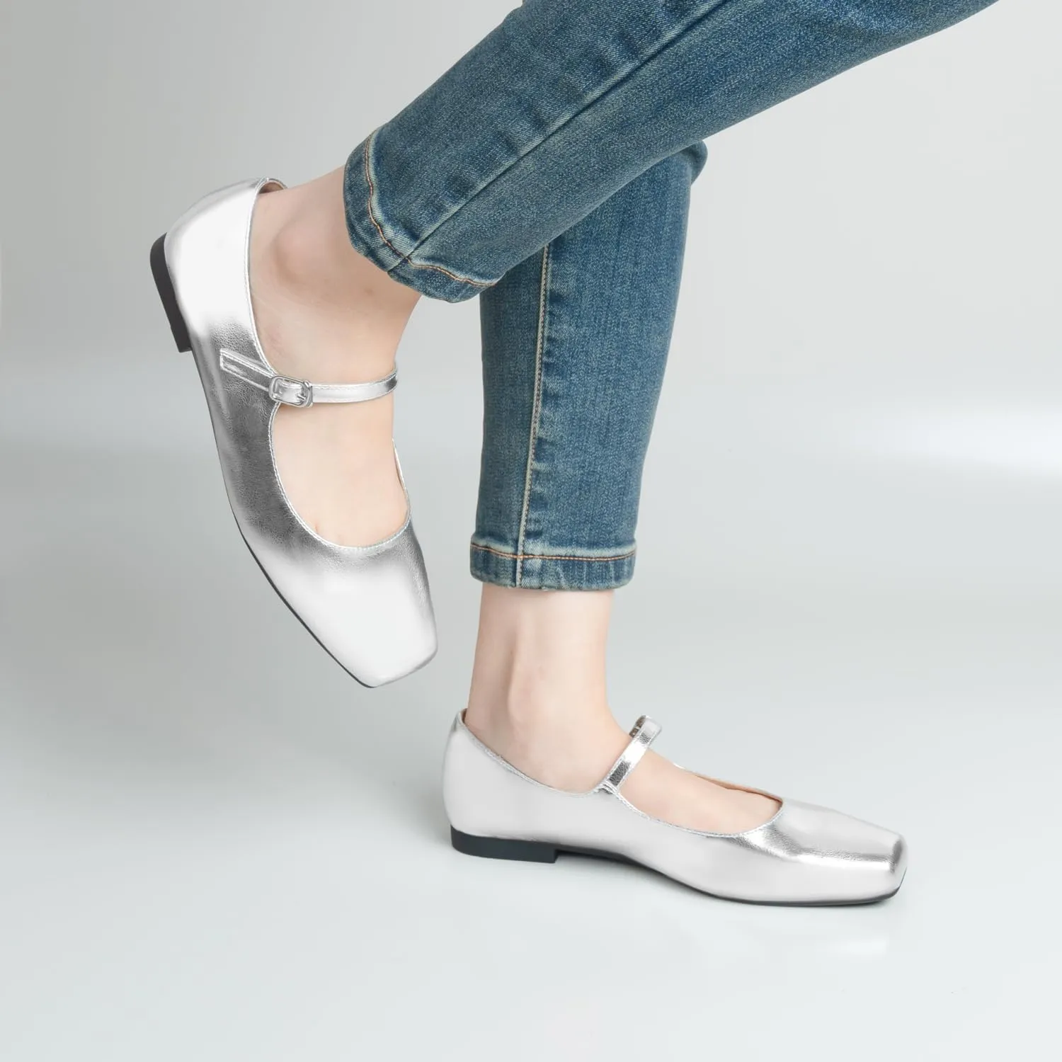 Women Mary Jane Shoes,Square Toe Flats Ballet Flats for Women, Comfortable Ankle Strap,Easy to take on and Off,Matched with Skirts, Dress,Jeans and More.