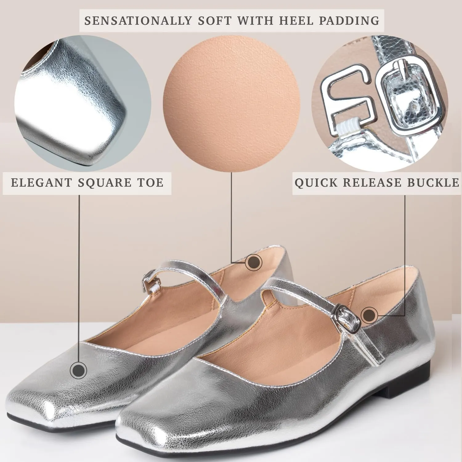 Women Mary Jane Shoes,Square Toe Flats Ballet Flats for Women, Comfortable Ankle Strap,Easy to take on and Off,Matched with Skirts, Dress,Jeans and More.
