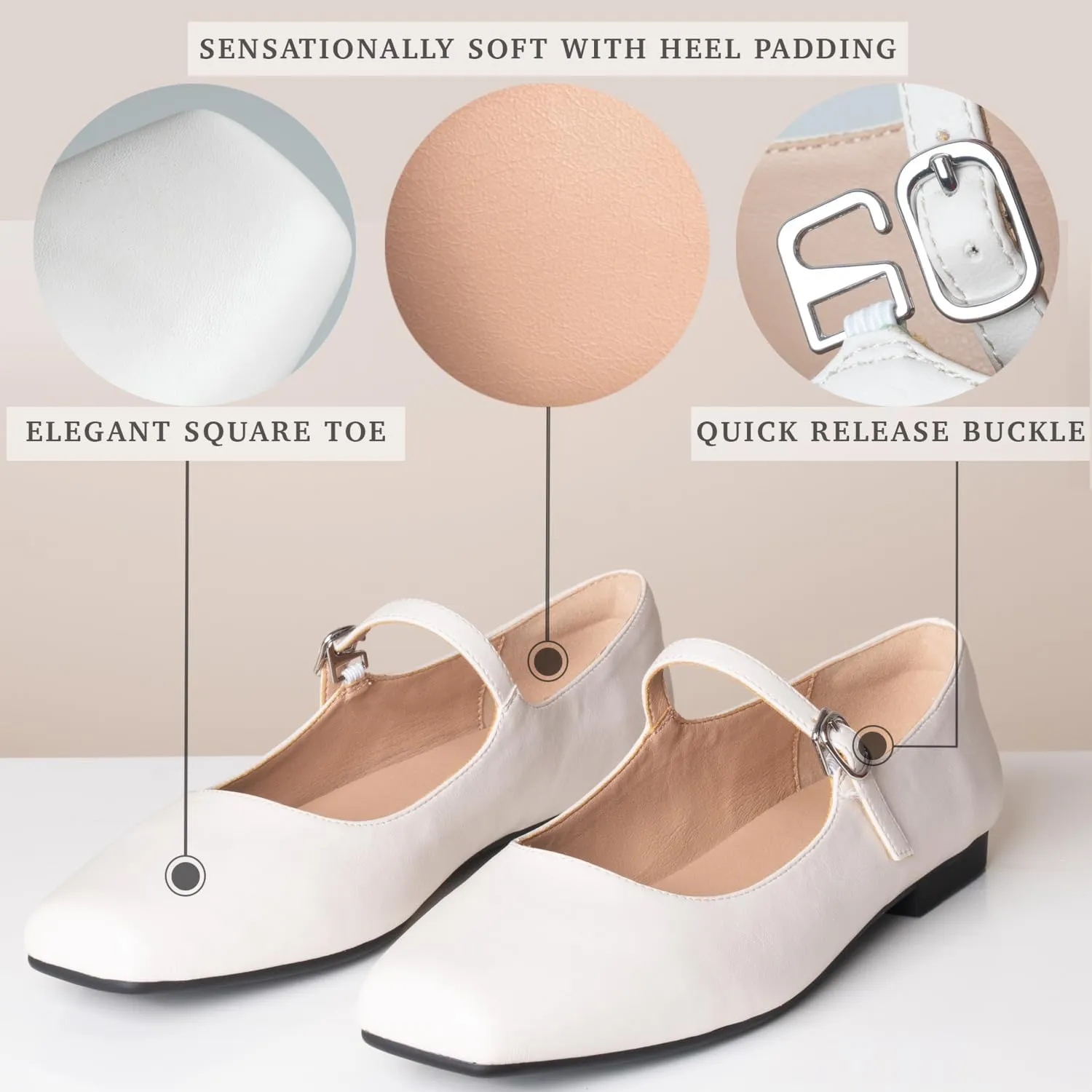 Women Mary Jane Shoes,Square Toe Flats Ballet Flats for Women, Comfortable Ankle Strap,Easy to take on and Off,Matched with Skirts, Dress,Jeans and More.