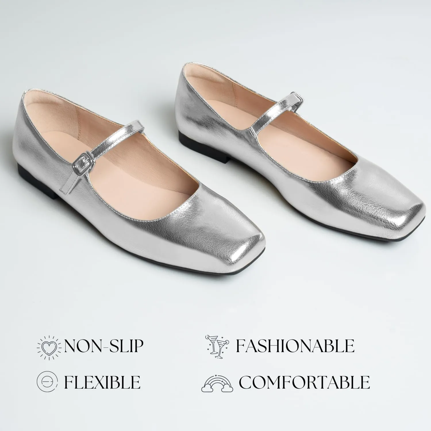 Women Mary Jane Shoes,Square Toe Flats Ballet Flats for Women, Comfortable Ankle Strap,Easy to take on and Off,Matched with Skirts, Dress,Jeans and More.
