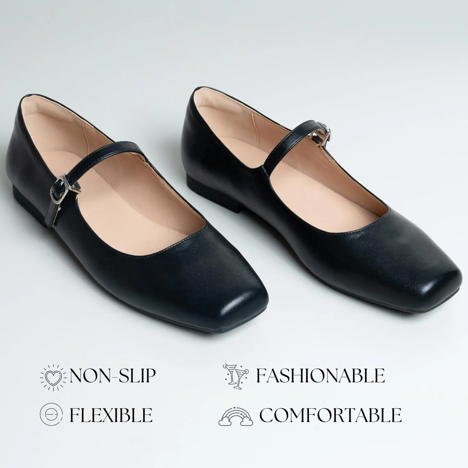 Women Mary Jane Shoes,Square Toe Flats Ballet Flats for Women, Comfortable Ankle Strap,Easy to take on and Off,Matched with Skirts, Dress,Jeans and More.