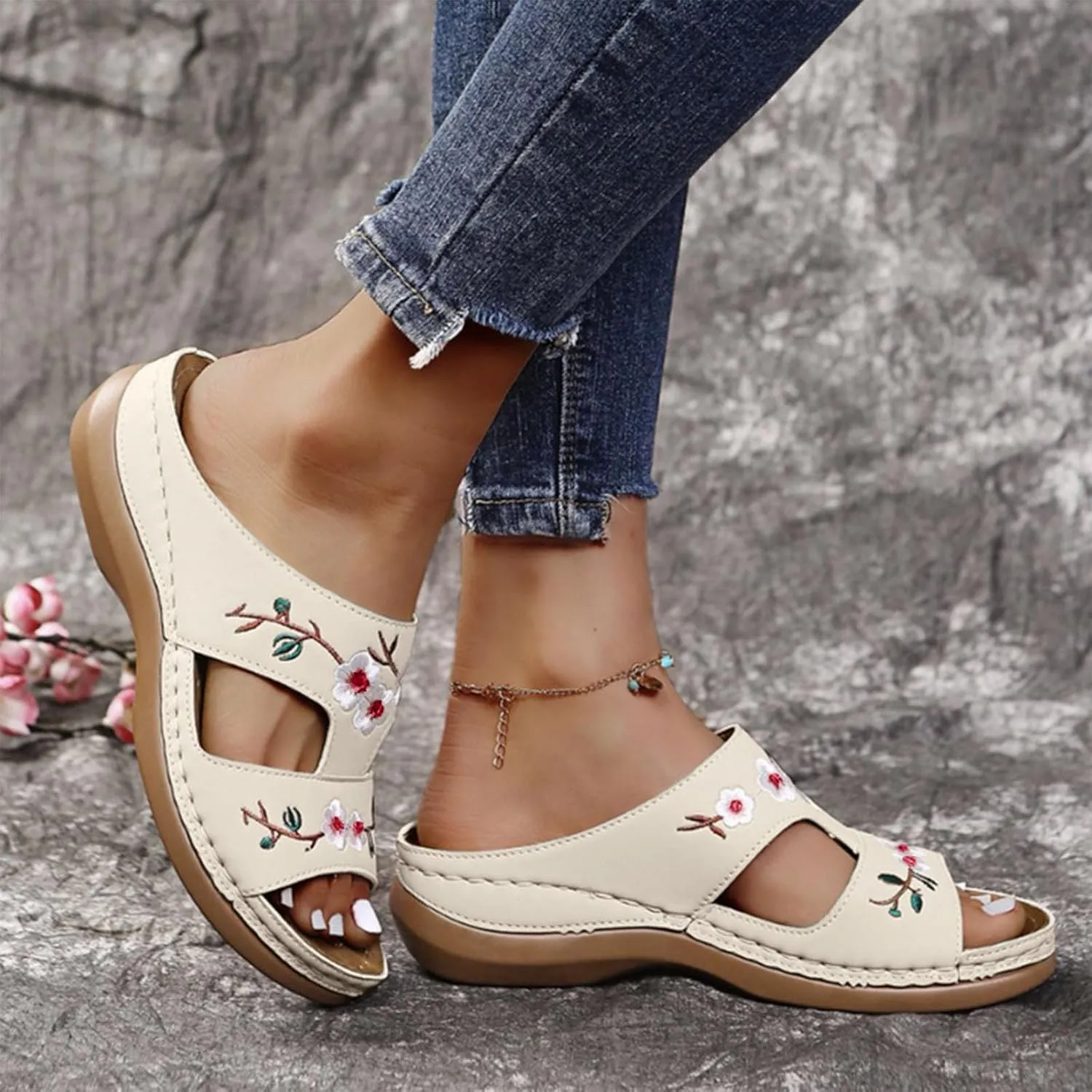 Women Orthopedic Sandals Casual Strappy Low Wedges Sandals Open Toe Flower Print Casual Comfortable Platform Sandals Walking Slip on Sandals