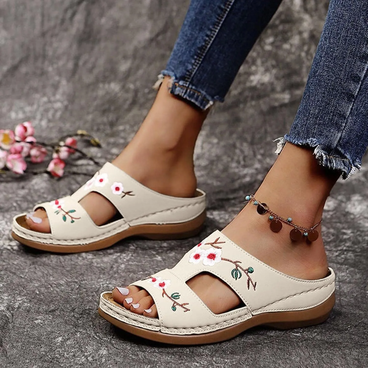 Women Orthopedic Sandals Casual Strappy Low Wedges Sandals Open Toe Flower Print Casual Comfortable Platform Sandals Walking Slip on Sandals