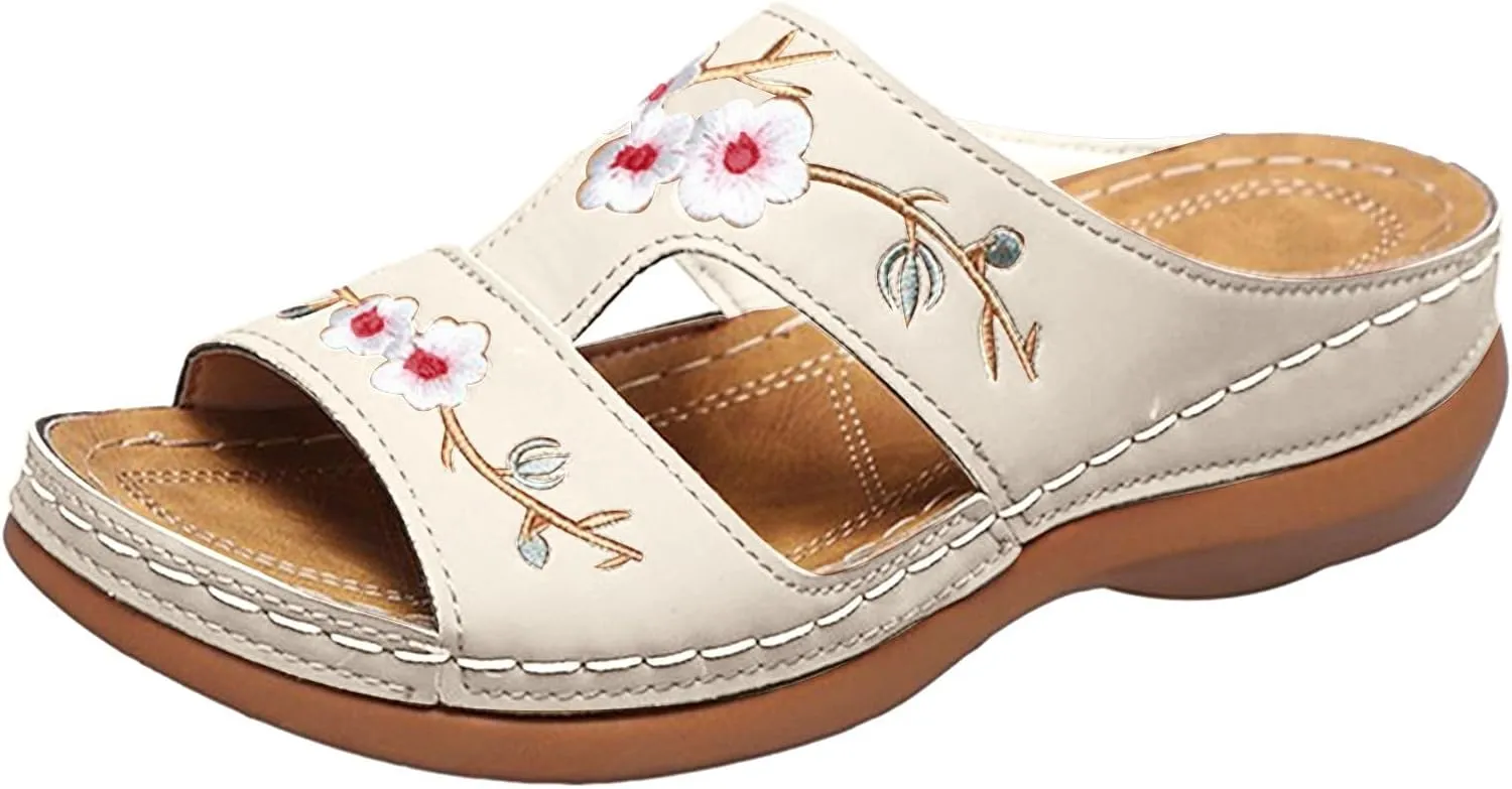 Women Orthopedic Sandals Casual Strappy Low Wedges Sandals Open Toe Flower Print Casual Comfortable Platform Sandals Walking Slip on Sandals