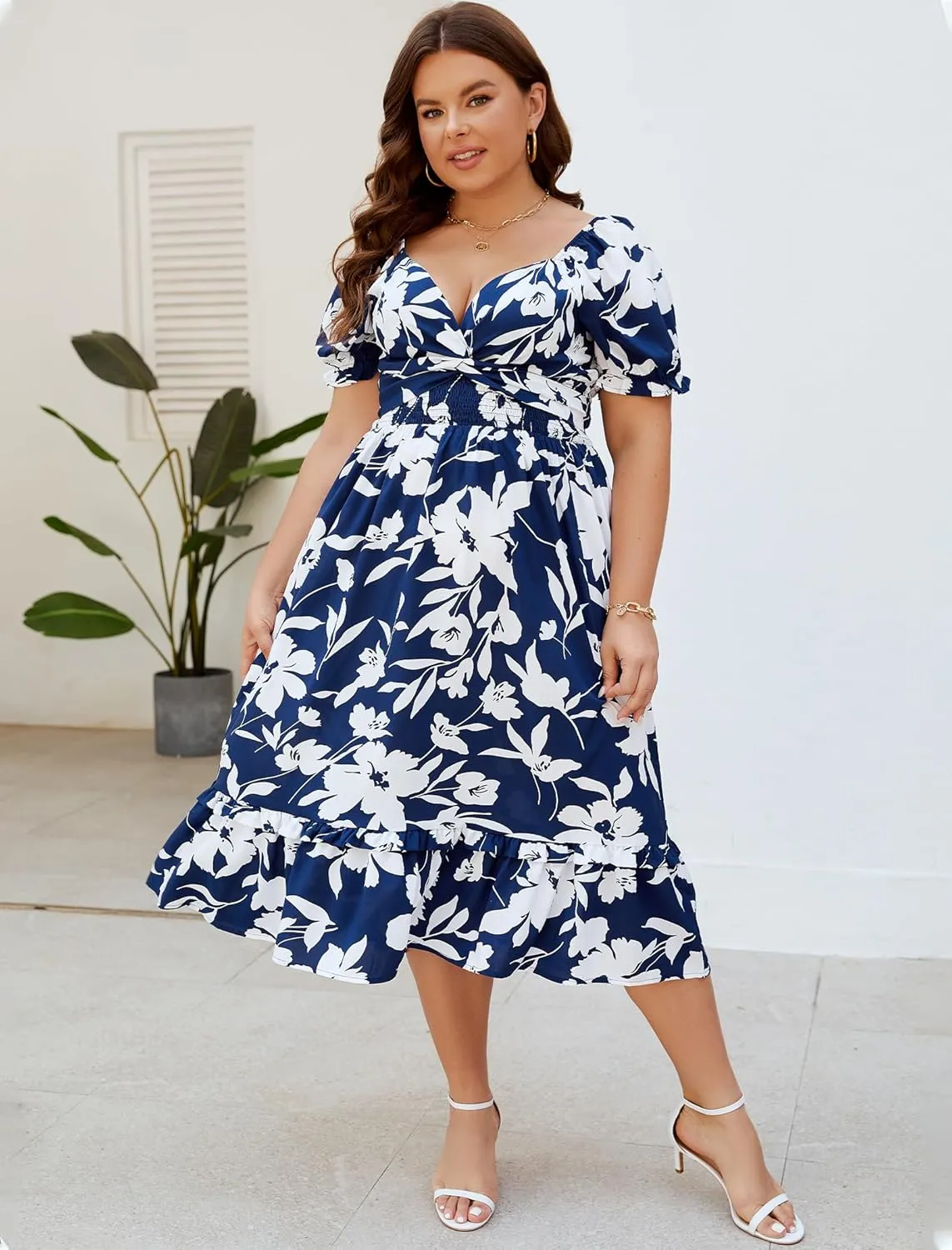 Women Plus Size Boho V-Neck Dress: Boho Floral Wrap Skirt Deep V Neck Midi Dress Puff Short Sleeve A Line Dresses