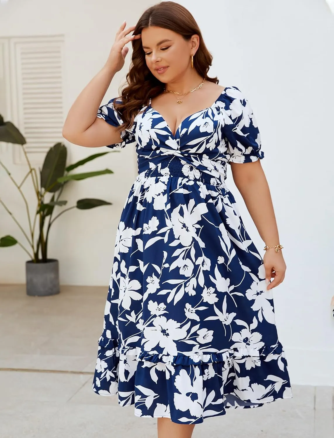 Women Plus Size Boho V-Neck Dress: Boho Floral Wrap Skirt Deep V Neck Midi Dress Puff Short Sleeve A Line Dresses