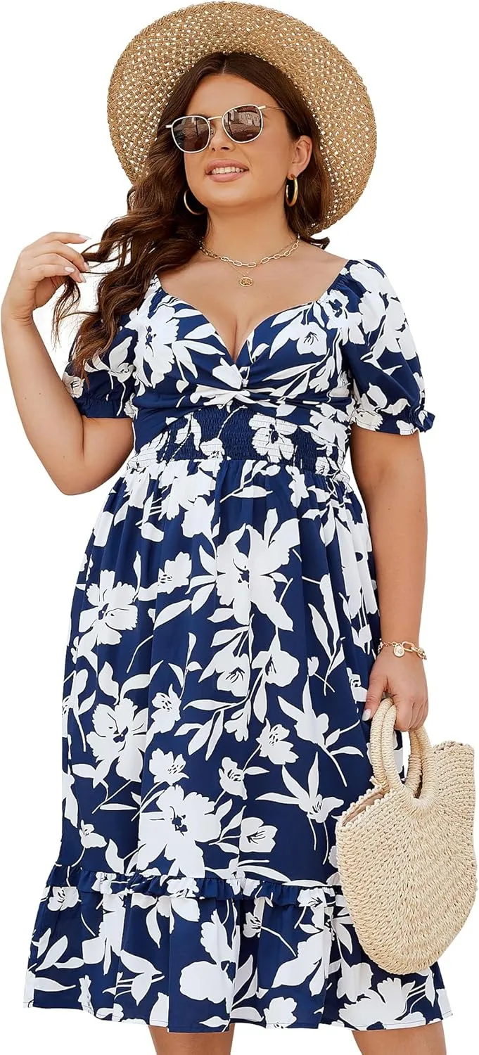 Women Plus Size Boho V-Neck Dress: Boho Floral Wrap Skirt Deep V Neck Midi Dress Puff Short Sleeve A Line Dresses