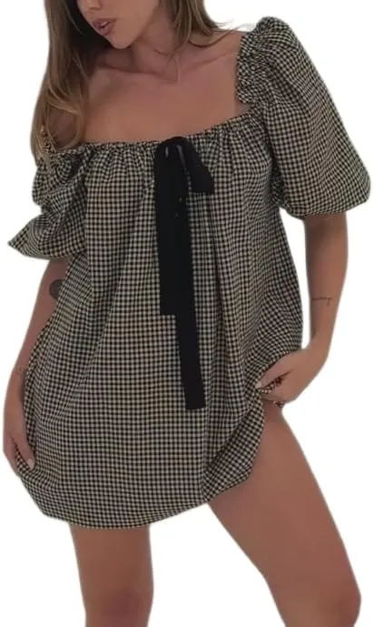 Women Puff Sleeve Babydoll Dress Bow Tie Front A Line Short Dress Boho Floral Ruffle Flowy Beach Sundress