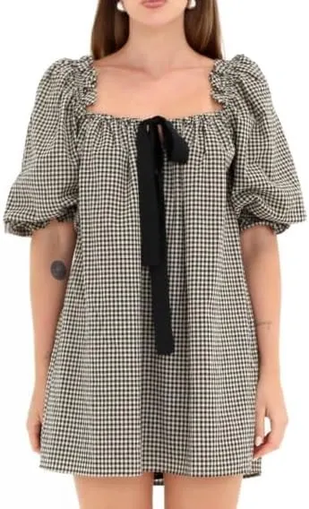 Women Puff Sleeve Babydoll Dress Bow Tie Front A Line Short Dress Boho Floral Ruffle Flowy Beach Sundress