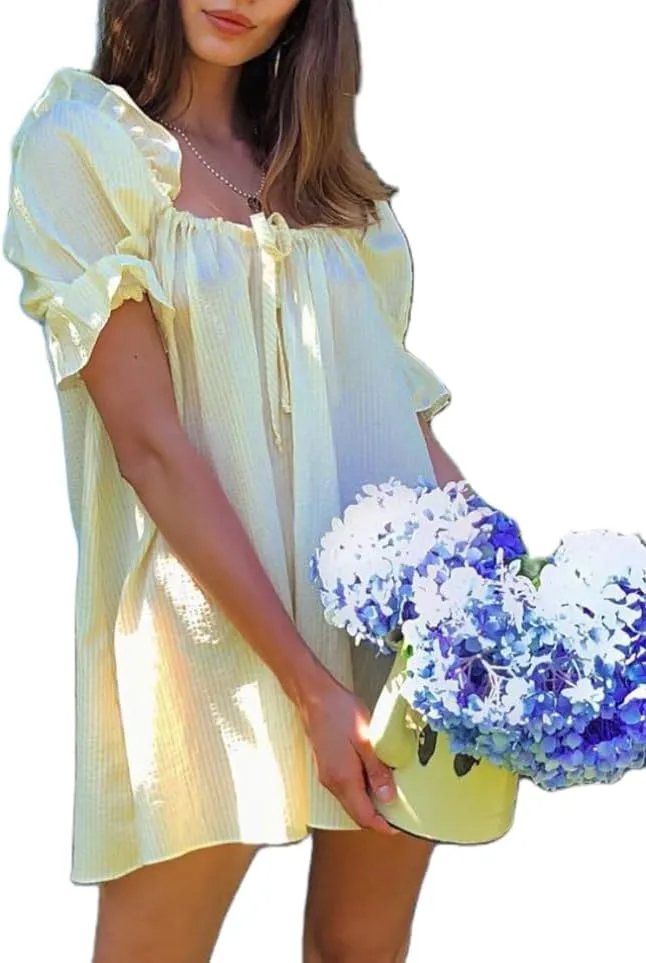 Women Puff Sleeve Babydoll Dress Bow Tie Front A Line Short Dress Boho Floral Ruffle Flowy Beach Sundress