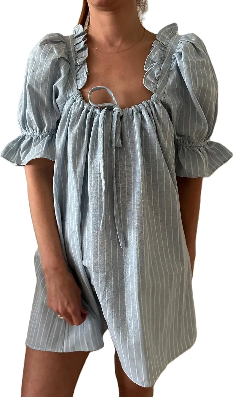 Women Puff Sleeve Babydoll Dress Bow Tie Front A Line Short Dress Boho Floral Ruffle Flowy Beach Sundress