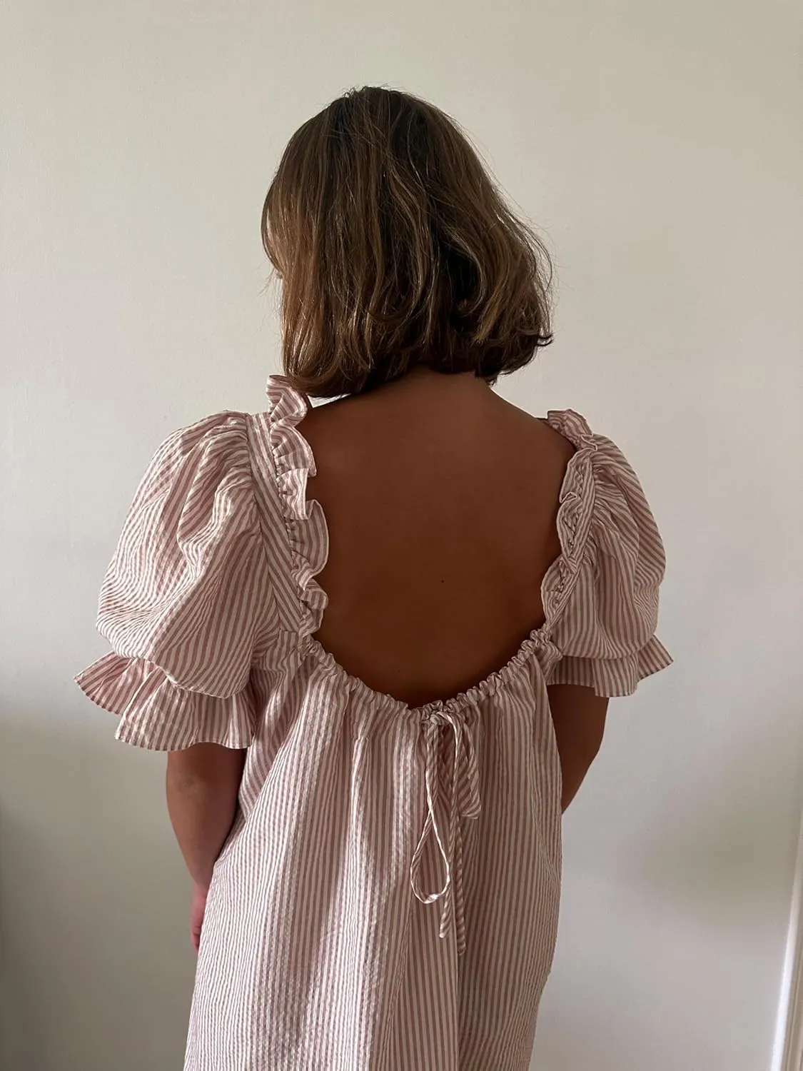 Women Puff Sleeve Babydoll Dress Bow Tie Front A Line Short Dress Boho Floral Ruffle Flowy Beach Sundress
