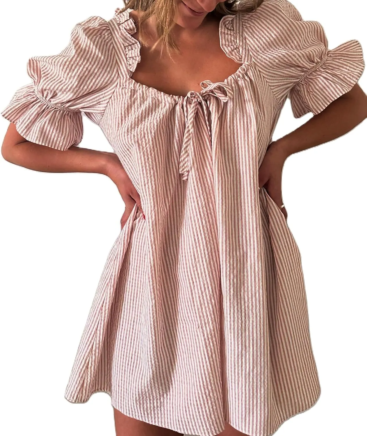 Women Puff Sleeve Babydoll Dress Bow Tie Front A Line Short Dress Boho Floral Ruffle Flowy Beach Sundress