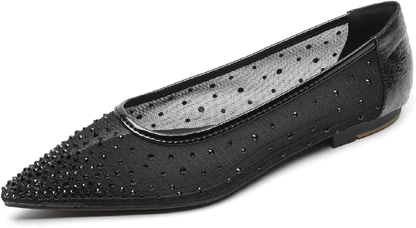 Women Rhinestone Mesh Casual Flats Comfor Breathable Slip On Low Heel Dress Ballet Shoes
