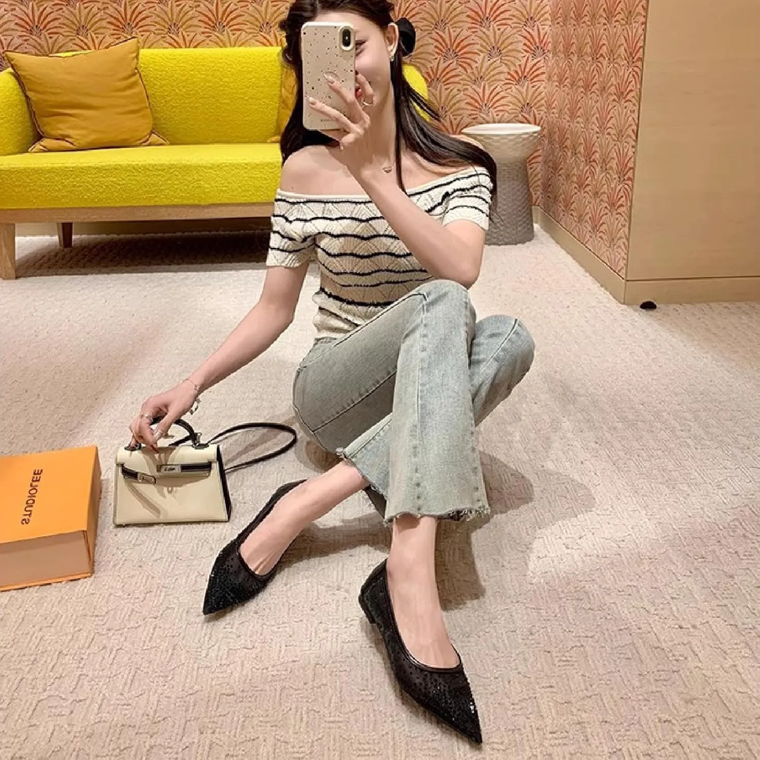 Women Rhinestone Mesh Casual Flats Comfor Breathable Slip On Low Heel Dress Ballet Shoes
