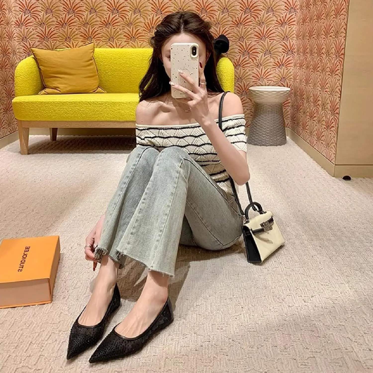 Women Rhinestone Mesh Casual Flats Comfor Breathable Slip On Low Heel Dress Ballet Shoes