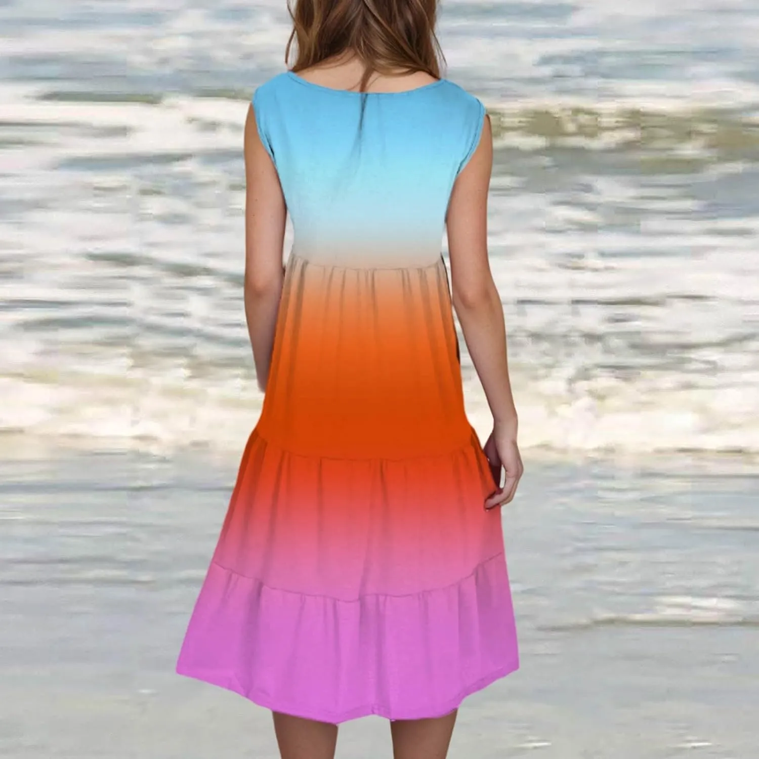 Women Ruffle Boho Tie Dye Dresses Color Block Babydoll Loose Swing Casual Beach Mini Tank Dress Plus Size Sundress