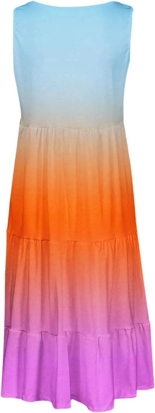 Women Ruffle Boho Tie Dye Dresses Color Block Babydoll Loose Swing Casual Beach Mini Tank Dress Plus Size Sundress