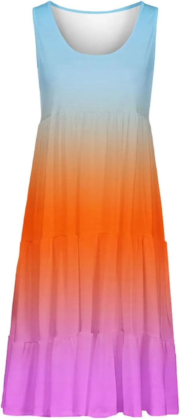 Women Ruffle Boho Tie Dye Dresses Color Block Babydoll Loose Swing Casual Beach Mini Tank Dress Plus Size Sundress