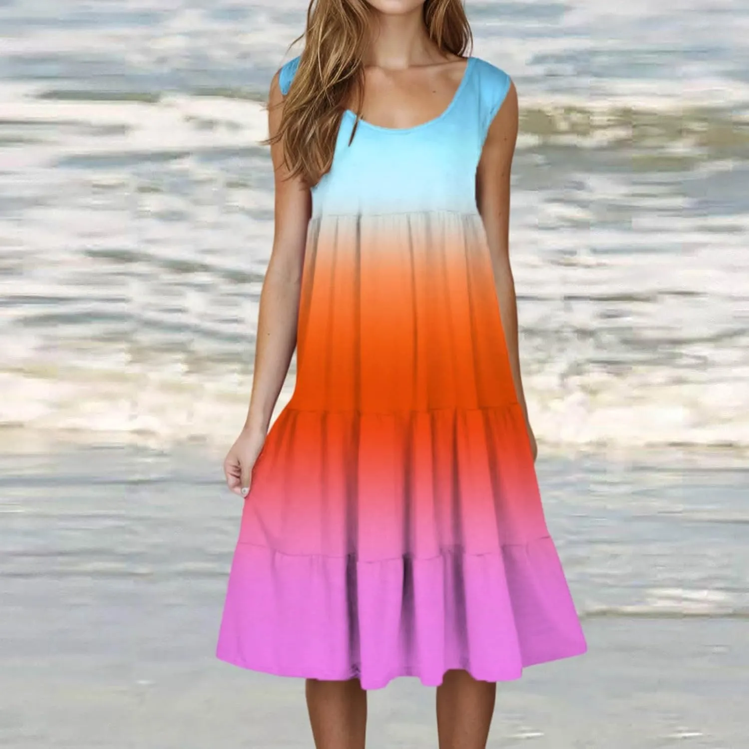 Women Ruffle Boho Tie Dye Dresses Color Block Babydoll Loose Swing Casual Beach Mini Tank Dress Plus Size Sundress