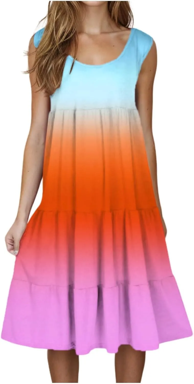 Women Ruffle Boho Tie Dye Dresses Color Block Babydoll Loose Swing Casual Beach Mini Tank Dress Plus Size Sundress