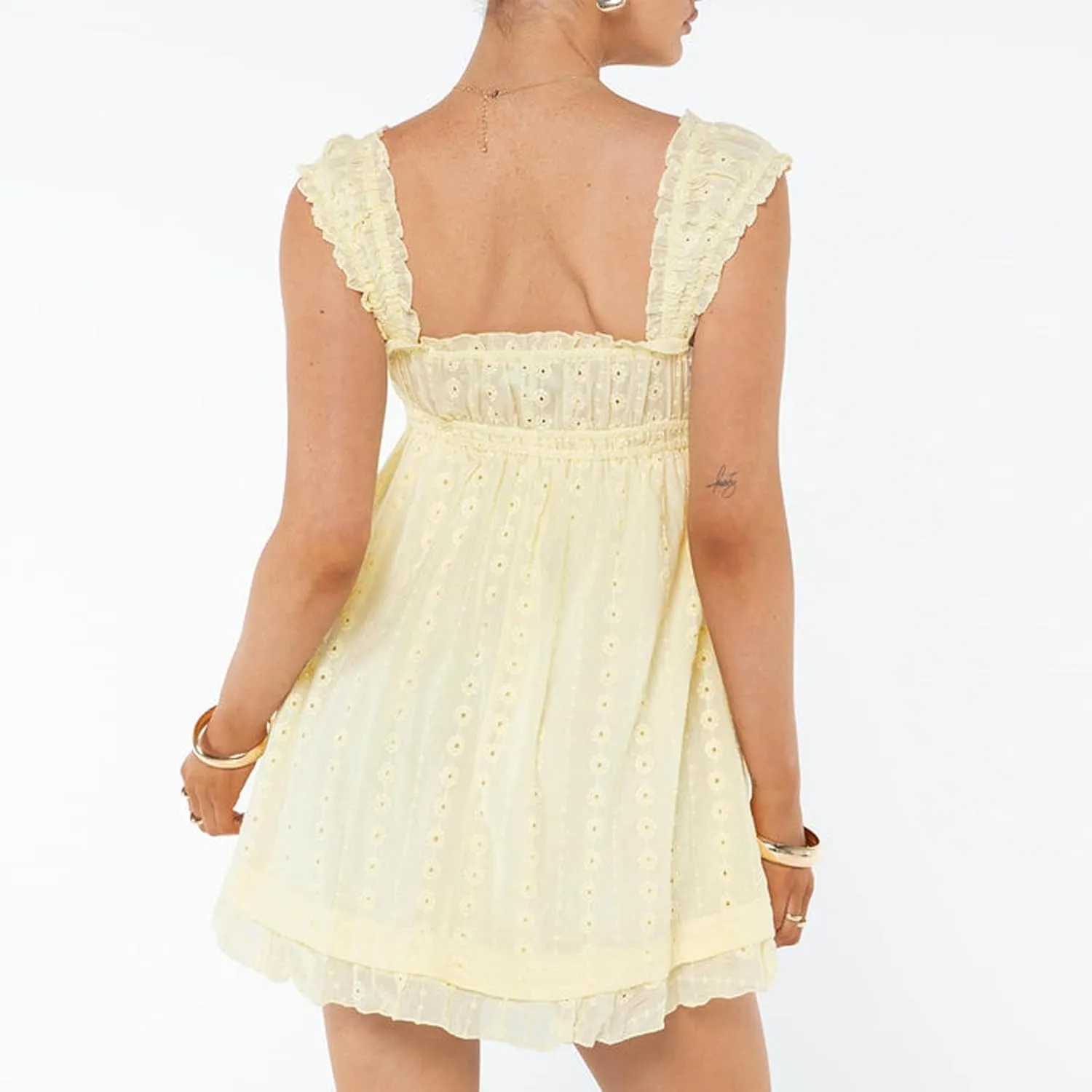 Women Sleeveless Babydoll Short Dress Lace Floral Embroidery Ruffle Mini Dress Flowy Swing Graduation Party Dress