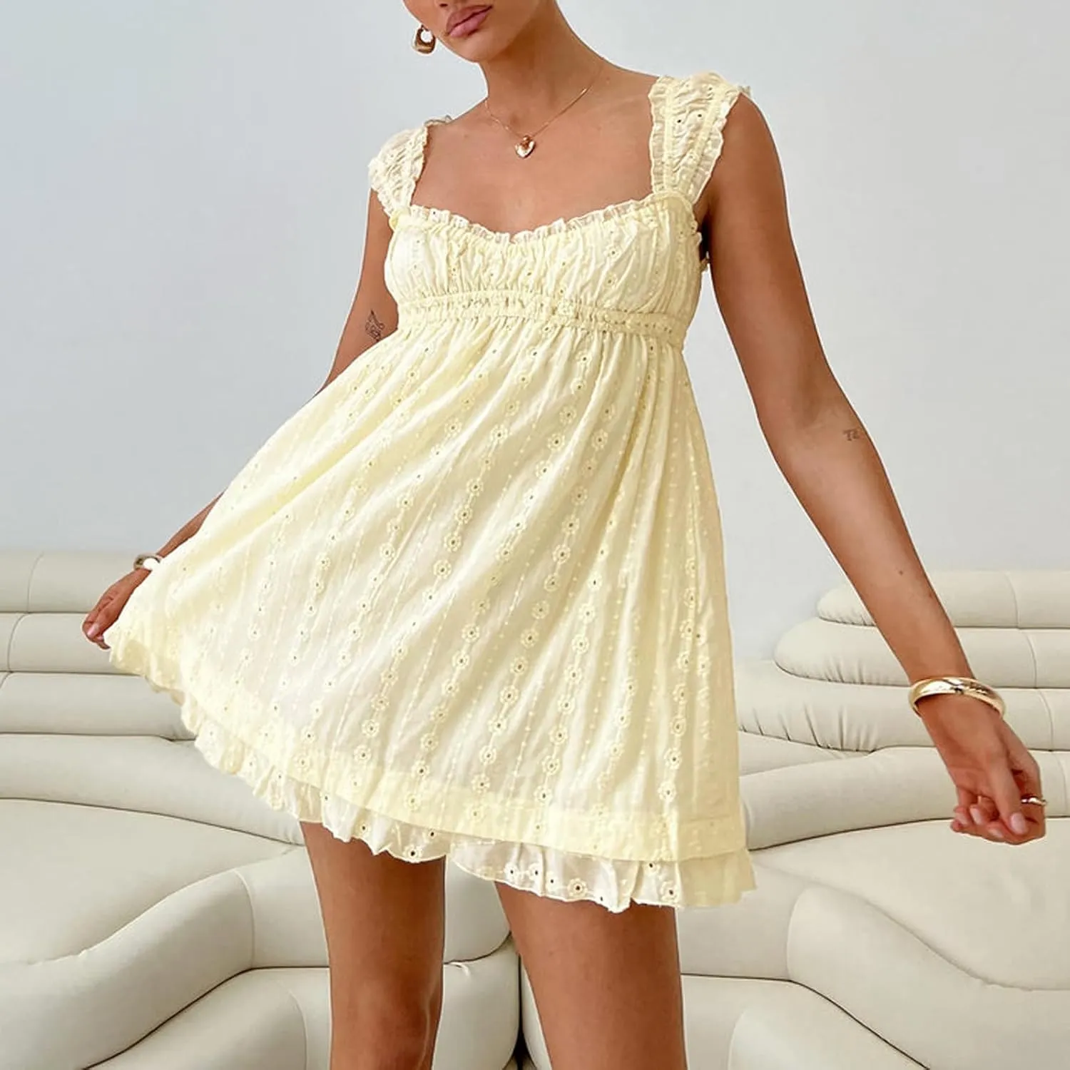 Women Sleeveless Babydoll Short Dress Lace Floral Embroidery Ruffle Mini Dress Flowy Swing Graduation Party Dress