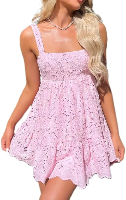 Women Sleeveless Babydoll Short Dress Lace Floral Embroidery Ruffle Mini Dress Flowy Swing Graduation Party Dress