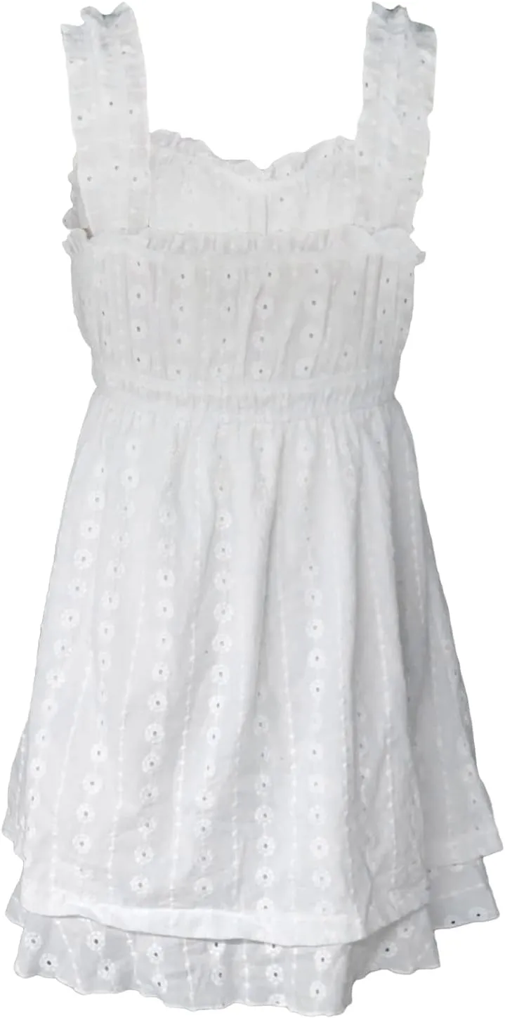 Women Sleeveless Babydoll Short Dress Lace Floral Embroidery Ruffle Mini Dress Flowy Swing Graduation Party Dress