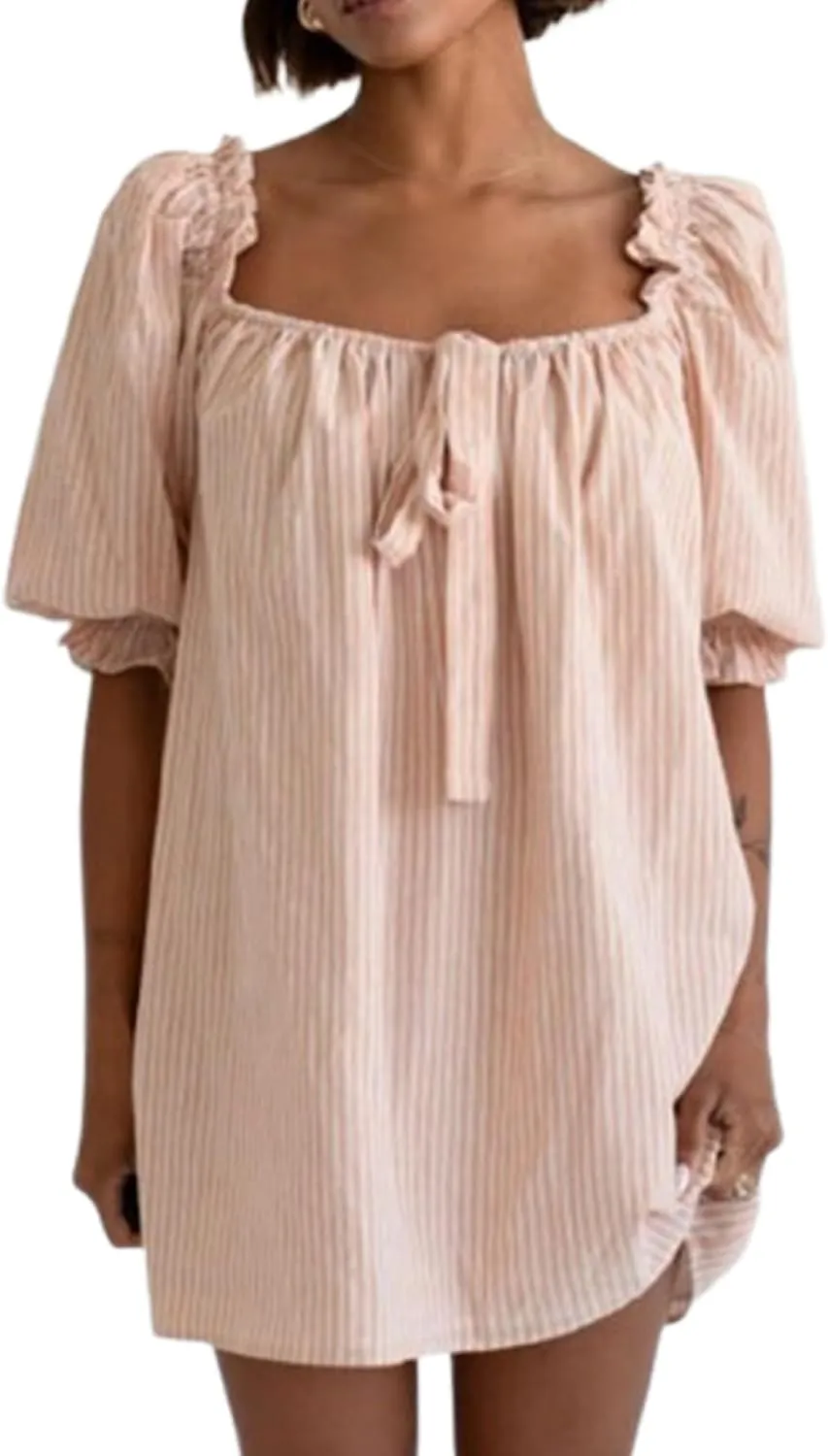 Women Square Neck Babydoll Dress Short Puff Sleeve Bow Front Mini Dress Boho Floral Print Flowy Short Sundress