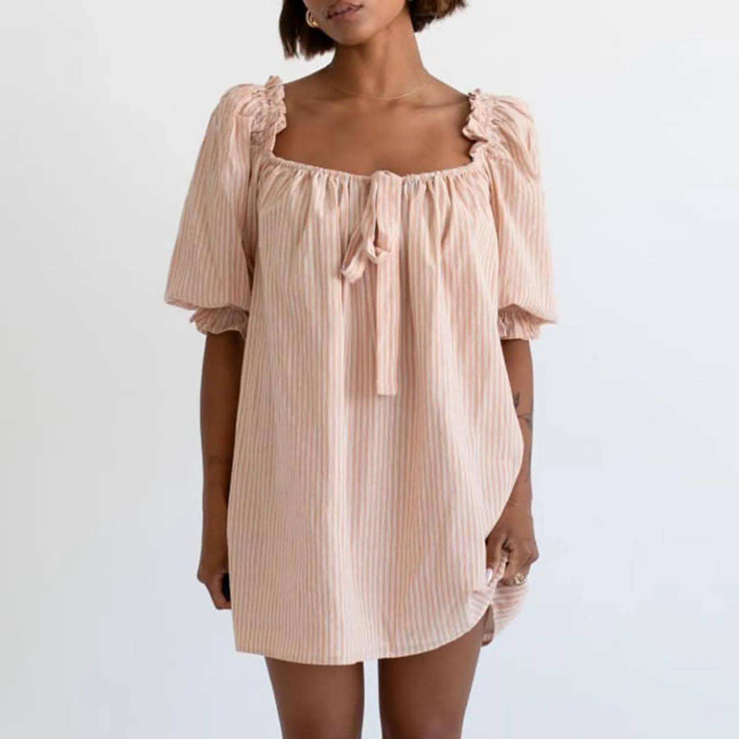 Women Square Neck Babydoll Dress Short Puff Sleeve Bow Front Mini Dress Boho Floral Print Flowy Short Sundress