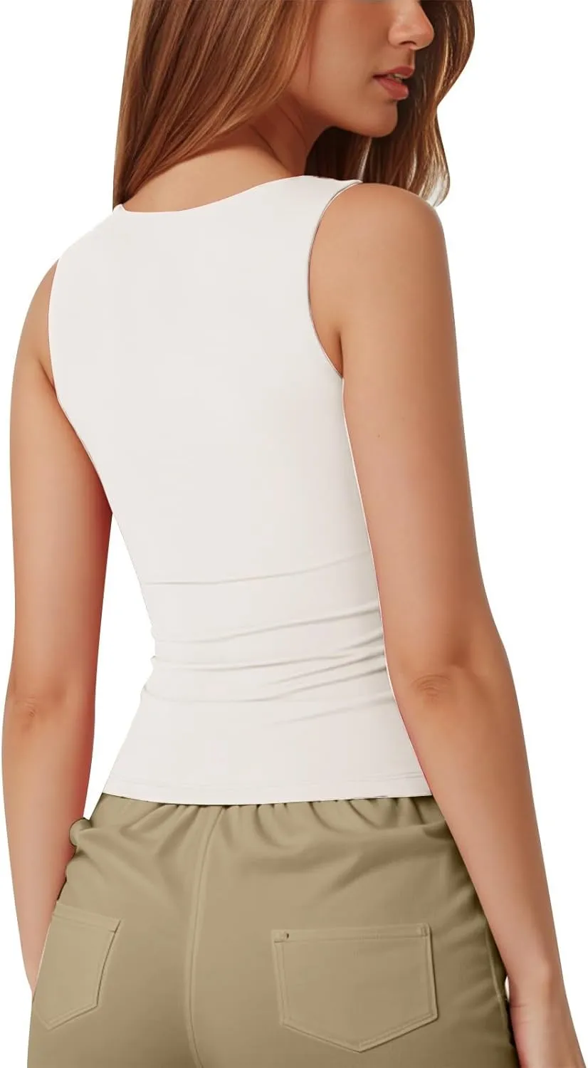 Women Square Neck Sleeveless Double Layer Tight Tank Top for Women Camisole Tops for Women Pack