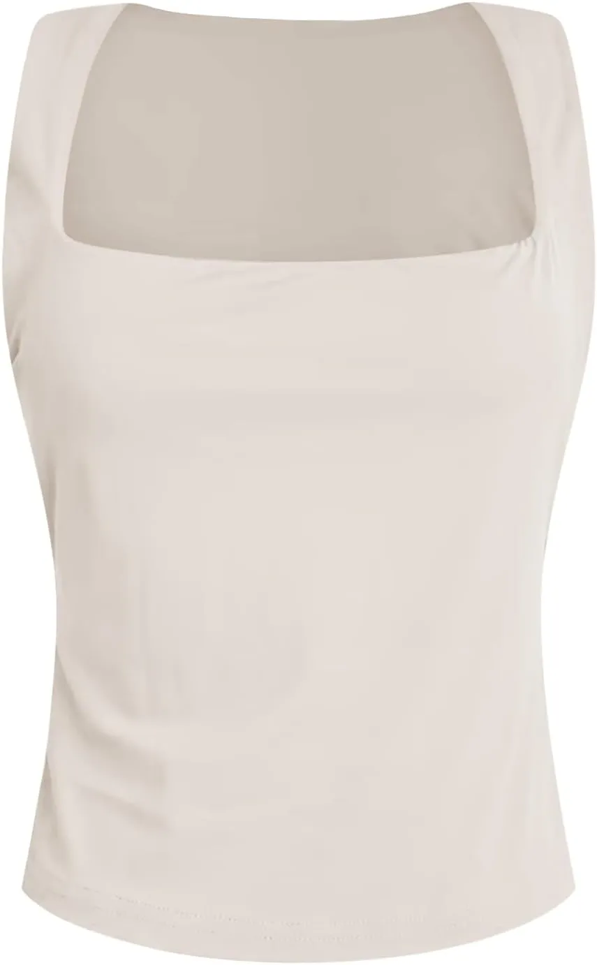 Women Square Neck Sleeveless Double Layer Tight Tank Top for Women Camisole Tops for Women Pack