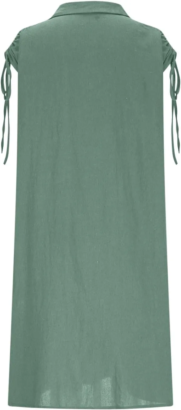Women Summer Casual Loose Button Down Shirt Dress Tie Short Sleeve V Neck Lapel Collar Mini Dresses Beach Cover Ups