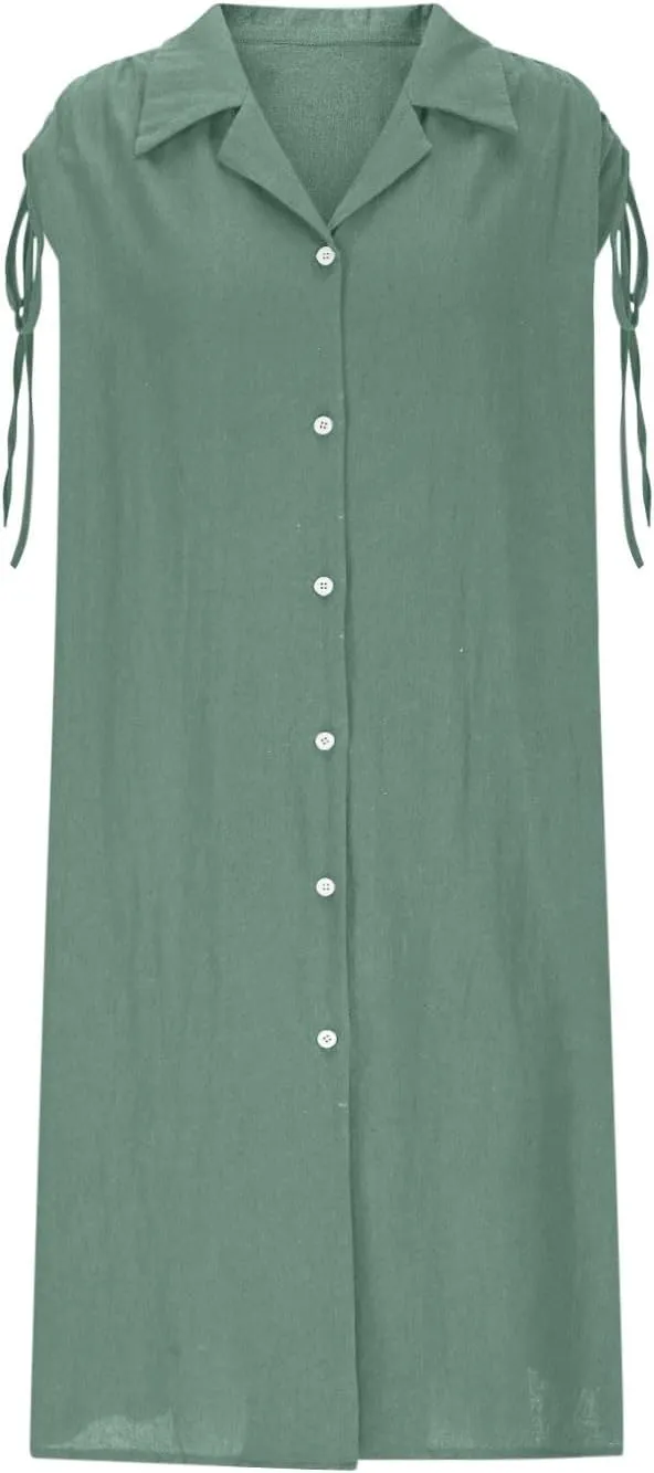 Women Summer Casual Loose Button Down Shirt Dress Tie Short Sleeve V Neck Lapel Collar Mini Dresses Beach Cover Ups