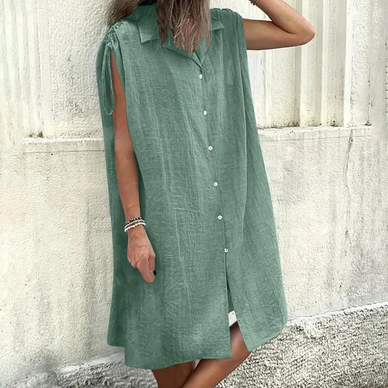 Women Summer Casual Loose Button Down Shirt Dress Tie Short Sleeve V Neck Lapel Collar Mini Dresses Beach Cover Ups