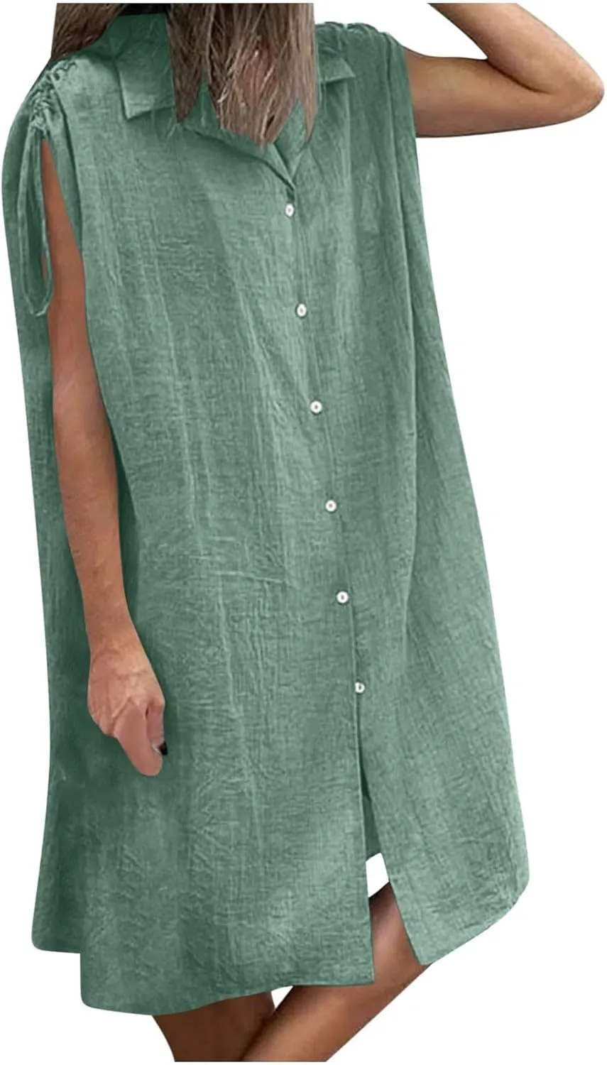Women Summer Casual Loose Button Down Shirt Dress Tie Short Sleeve V Neck Lapel Collar Mini Dresses Beach Cover Ups