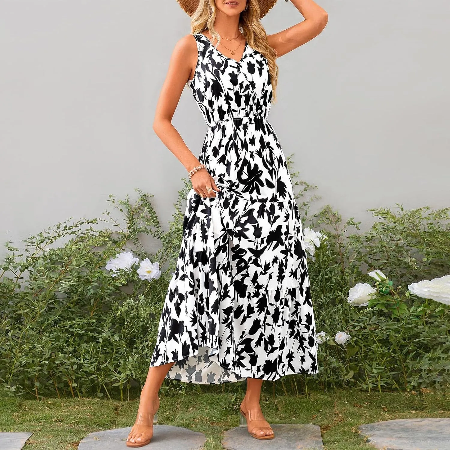 Women Summer Dresses Casual Sleeveless Maxi Dresses Cute Floral Long Dress Wedding Guest Dress V Neck Boho Dress