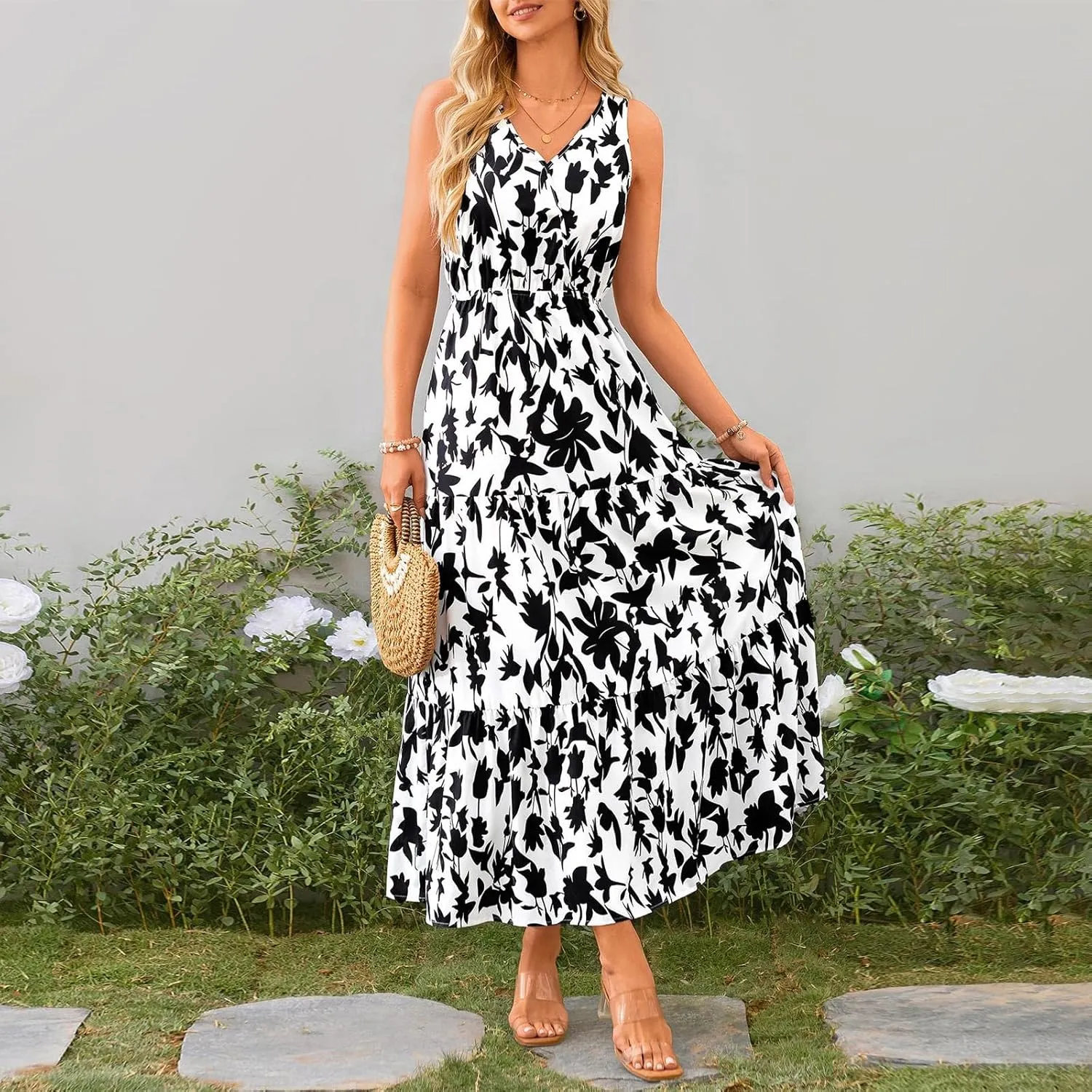 Women Summer Dresses Casual Sleeveless Maxi Dresses Cute Floral Long Dress Wedding Guest Dress V Neck Boho Dress