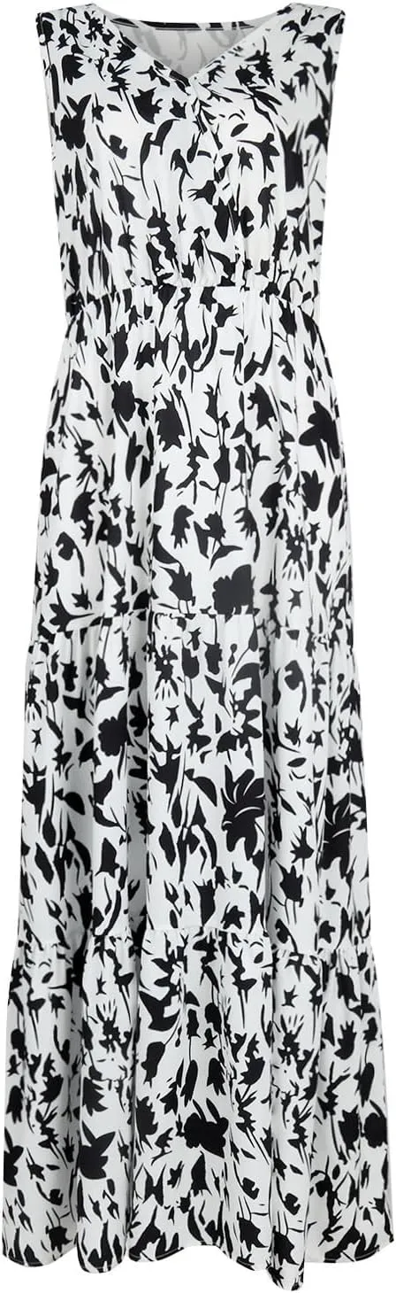 Women Summer Dresses Casual Sleeveless Maxi Dresses Cute Floral Long Dress Wedding Guest Dress V Neck Boho Dress