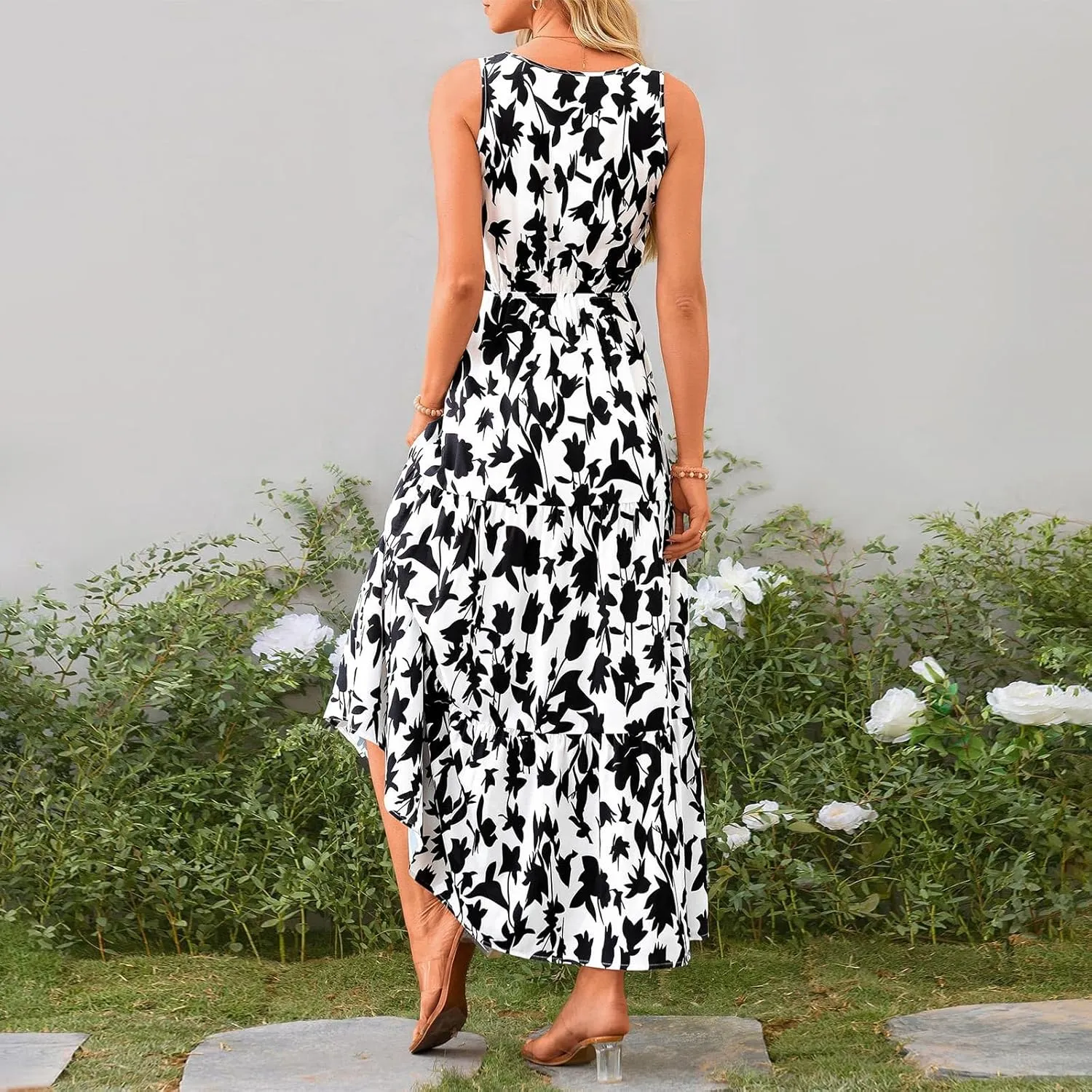 Women Summer Dresses Casual Sleeveless Maxi Dresses Cute Floral Long Dress Wedding Guest Dress V Neck Boho Dress