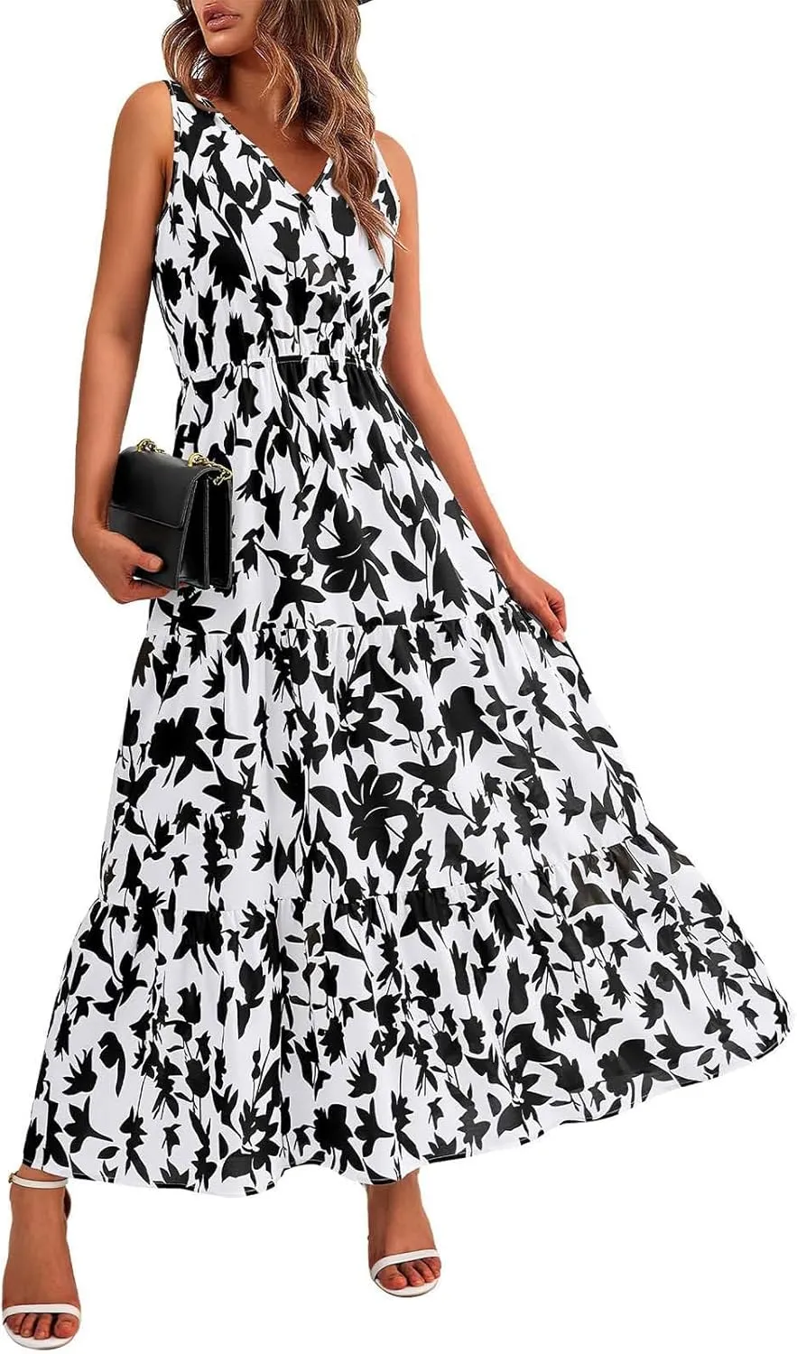 Women Summer Dresses Casual Sleeveless Maxi Dresses Cute Floral Long Dress Wedding Guest Dress V Neck Boho Dress
