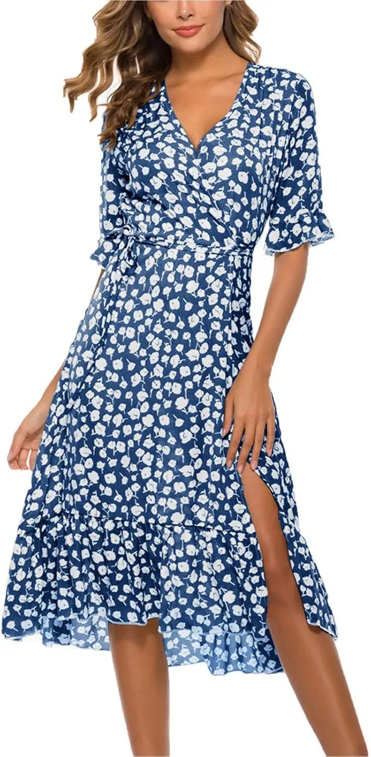 Women Summer Midi Dresses Casual Bohemian Floral Print Wrap V Neck Elbow Sleeve Beach Party Ruffle Midi Dress Sundress