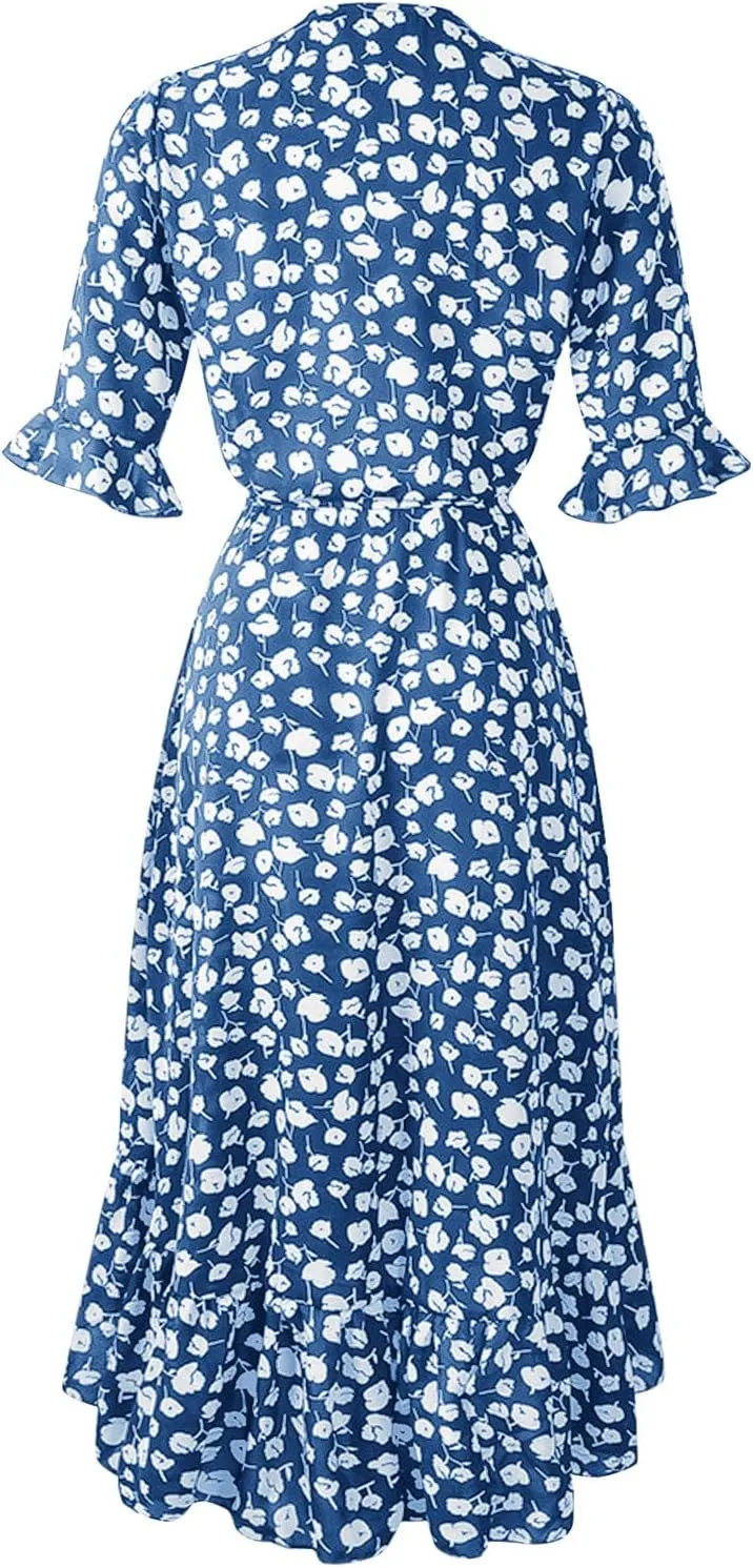 Women Summer Midi Dresses Casual Bohemian Floral Print Wrap V Neck Elbow Sleeve Beach Party Ruffle Midi Dress Sundress