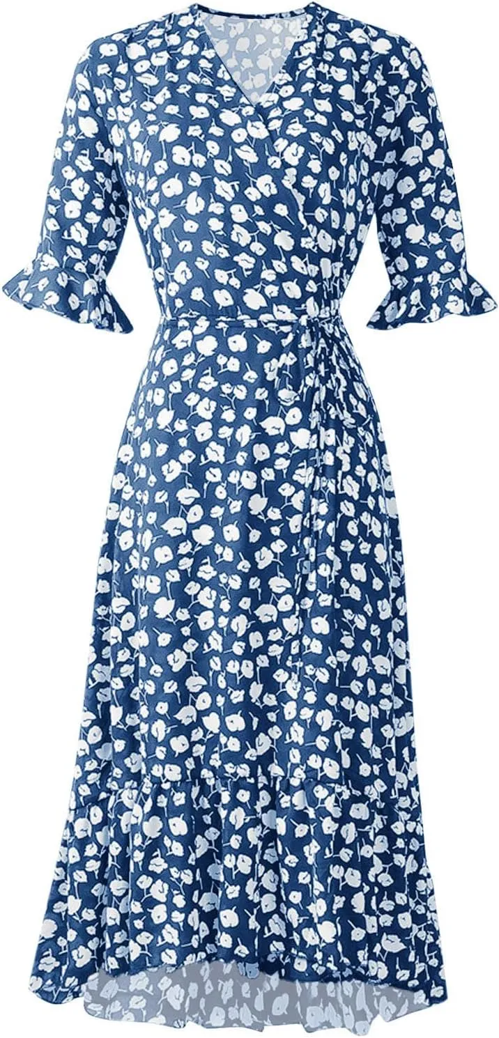 Women Summer Midi Dresses Casual Bohemian Floral Print Wrap V Neck Elbow Sleeve Beach Party Ruffle Midi Dress Sundress