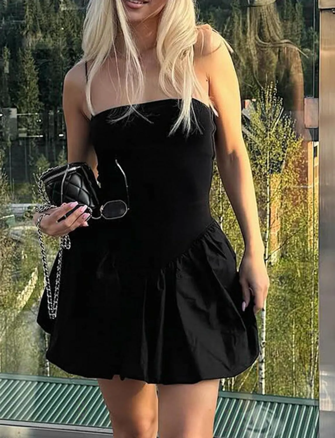Women Summer Sleeveless Mini Dress Smocked Neck Spaghetti Strap Rib Poplin Balloon Dress Bubble Skirt Short Dress