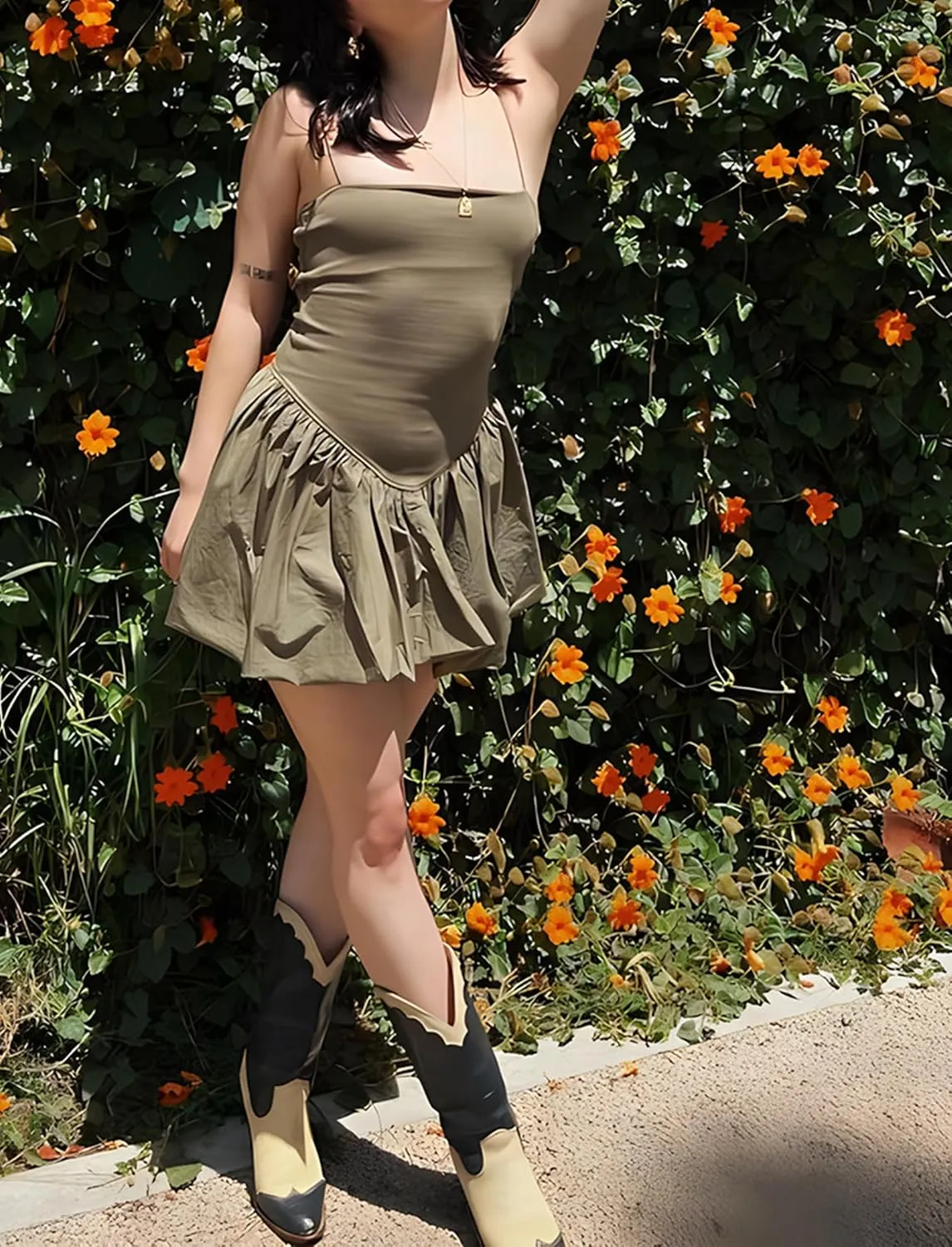 Women Summer Sleeveless Mini Dress Smocked Neck Spaghetti Strap Rib Poplin Balloon Dress Bubble Skirt Short Dress
