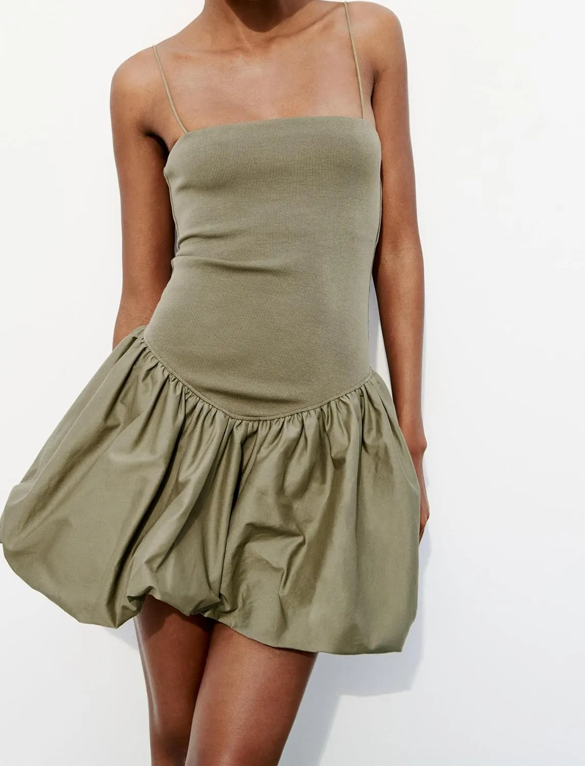 Women Summer Sleeveless Mini Dress Smocked Neck Spaghetti Strap Rib Poplin Balloon Dress Bubble Skirt Short Dress